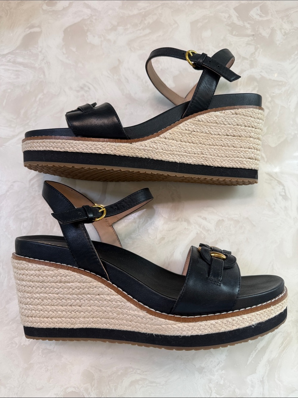 Cole Haan Black Leather Slingback Sandals with Gold Chain Accent